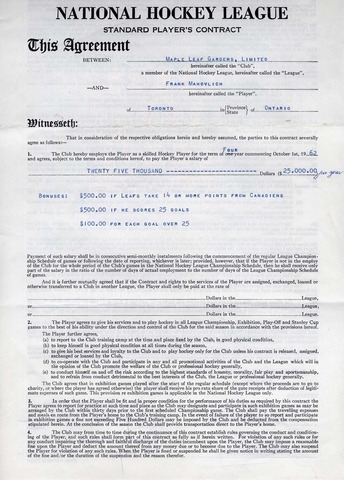 Frank Mahovlich Ice Hockey Contract 1962 1b