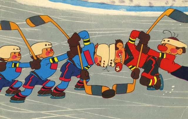 Vintage Russia Ice Hockey Comic Style Postcard 1968