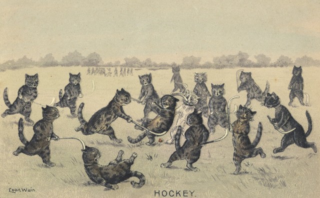 Cats Playing Field Hockey - Antique Postcard by Louis Wain 1904