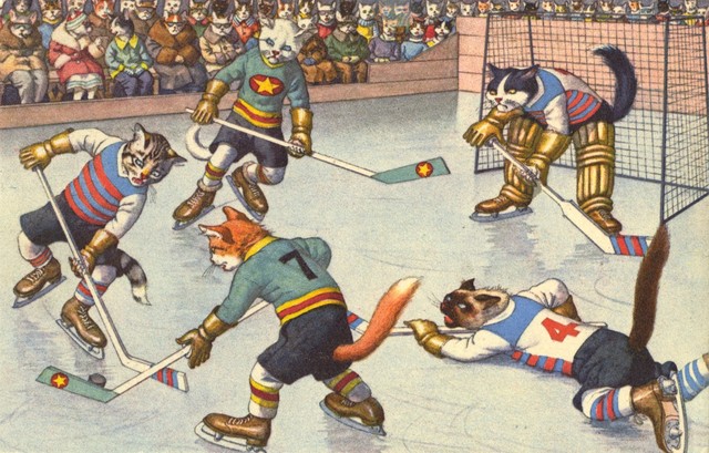 Cats Playing Ice Hockey by Alfred Mainzer 1955 -  Max Künzli 