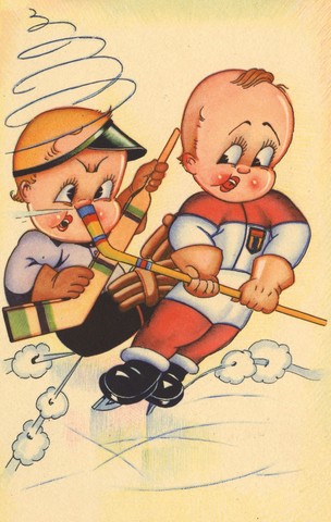 Ice Hockey Cartoon Postcard 1930s