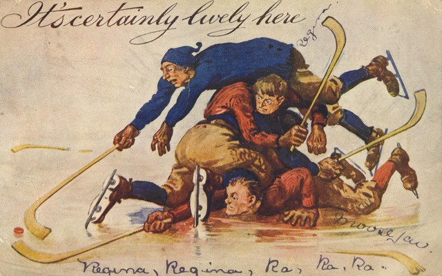 Moose Jaw vs Regina Ice Hockey Game 1907 - Cartoon Postcard