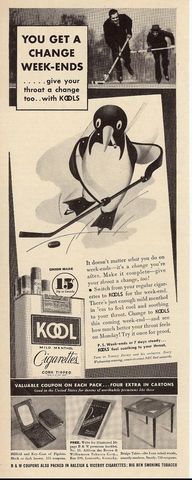 Kool Cigarettes Penguin Playing Ice Hockey Ad 1939
