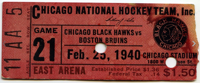 Chicago Blackhawks vs Boston Bruins Ticket - February 25, 1940