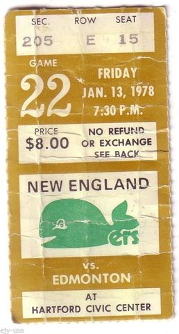 WHA New England Whalers Hockey Ticket vs Edmonton Oilers 1978