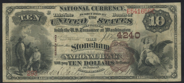 Antique Money - Ten Dollar Bill from Stoneham National Bank 1882