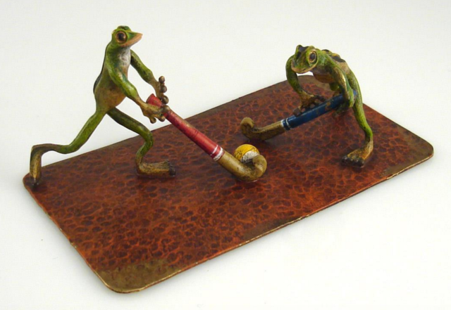 Bergmann Foundry Cold Painted Bronze Two Frogs Playing Field Hockey