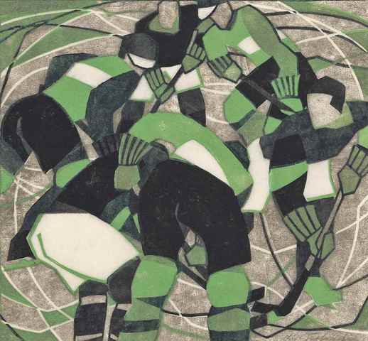Lill Tschudi "Ice Hockey" Linocut 1933 handgedruckt