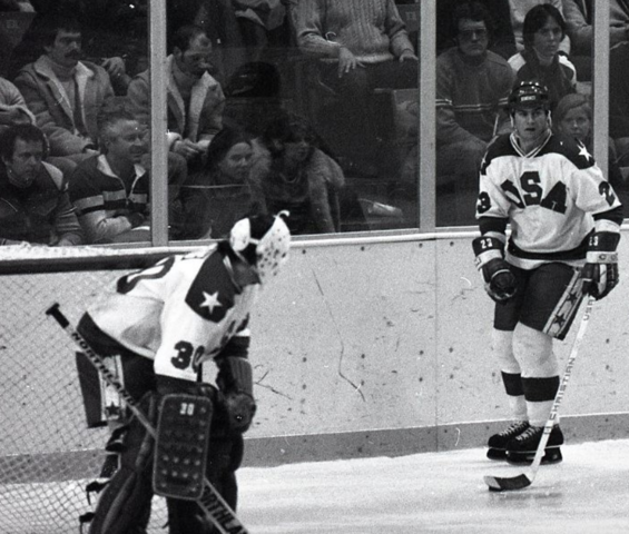Jim Craig watches Dave Christian with puck during Miracle On Ice game 1980