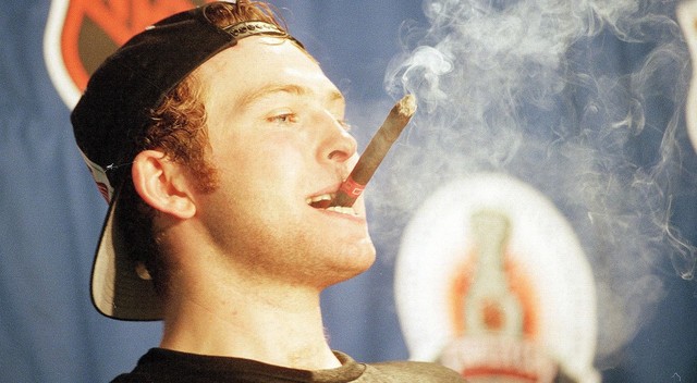 Martin Brodeur smokes a cigar after New Jersey Devils won the 1995 Stanley Cup