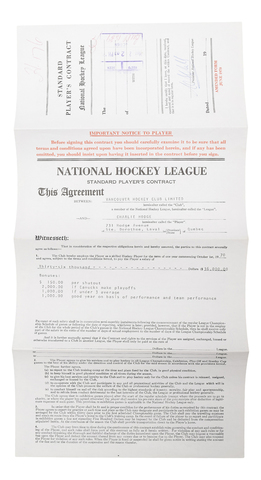 Vancouver Canucks First Year Contract with Charlie Hodge 1970