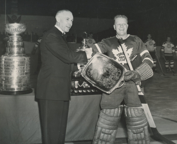 NHL President Clarence Campbell presents Vezina Trophy & Tray to Turk Broda 1948