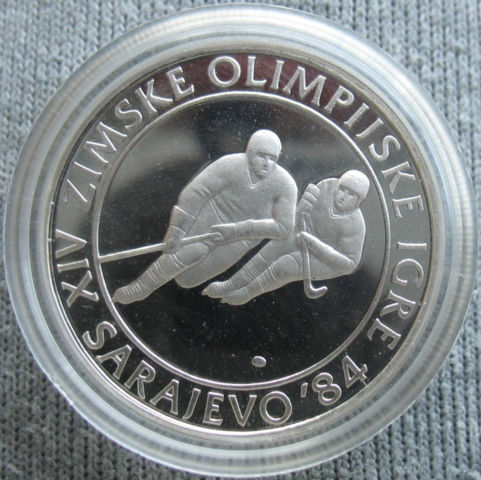 1982 Yugoslavia Proof 100 Dinara Silver Coin for 1984 Winter Olympics Ice Hockey