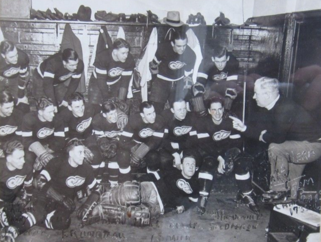 Detroit Red Wings Team getting playoff pre-game talk in their Dressing Room 1936