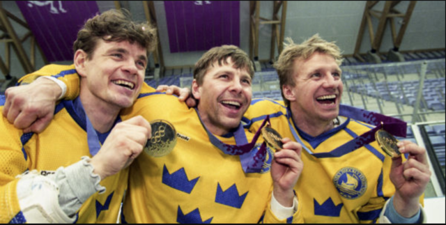 Håkan Loob, Mats Näslund and Tomas Jonsson with their 1994 Olympic Gold Medals