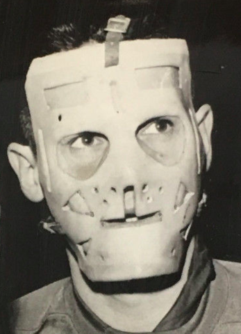 Terry Sawchuk wears a Lefty Wilson Goalie Mask 1962