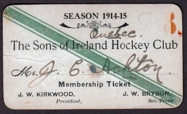 The Sons of Ireland Hockey Club 1914-15 Membership Ticket