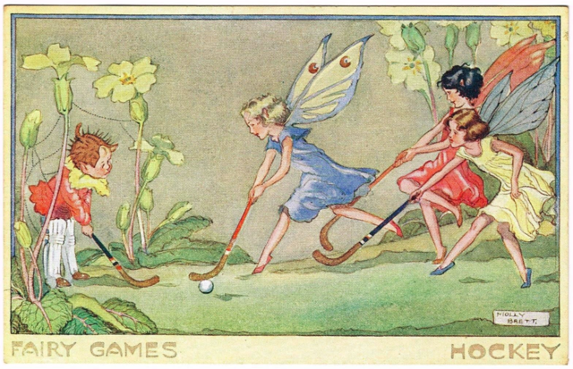 Fairy Games Hockey Postcard 1930s by Molly Brett - C.W. Faulkner & Co.