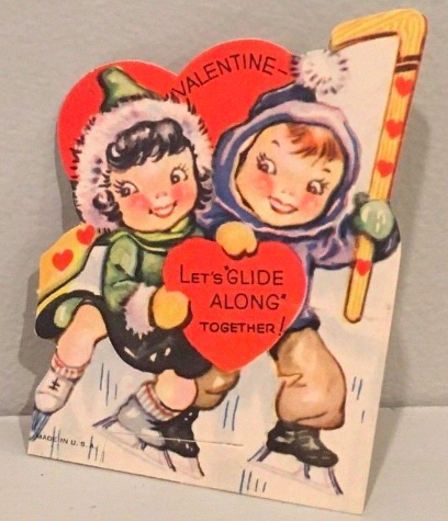 Antique Hockey Valentines Day Card - Lets Glide Along Together