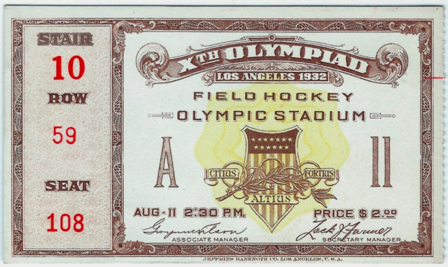 1932 Summer Olympics Field Hockey - Gold Medal Game Ticket