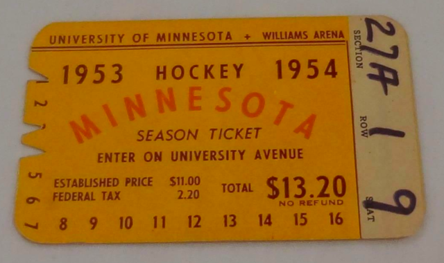 University of Minnesota Ice Hockey Season Ticket 1953-54 Minnesota Gophers