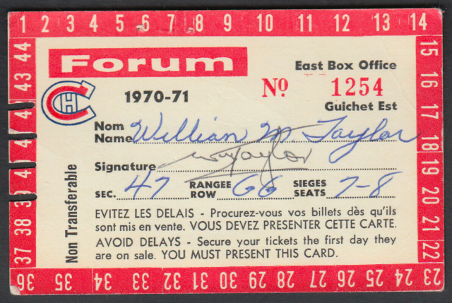 Montreal Canadiens Season Tickets 1970-71