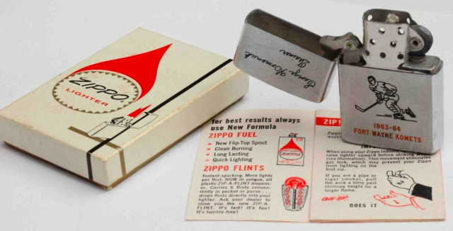 Vintage Zippo Lighter 1964 Given to George Homenuk - Fort Wayne Komets Trainer