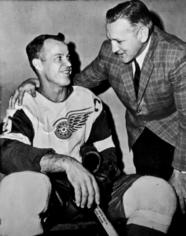 Gordie Howe is congratulated by coach Sid Abel on his 1,000th NHL Game 1961