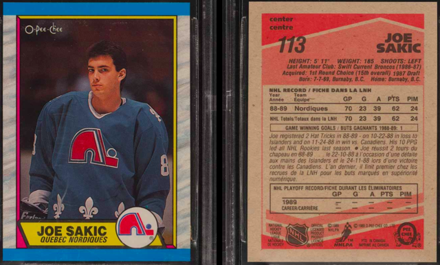 Joe Sakic Hockey Card 1989 O-Pee-Chee #113 Rookie Card