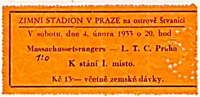 Antique Hockey Ticket 1933 Massachusetts Rangers vs L.T.C. Praha - Zimni Stadion
