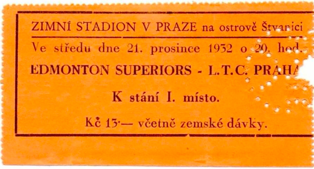 Antique Hockey Ticket 1932 Edmonton Superiors vs L.T.C. Praha at Zimni Stadion