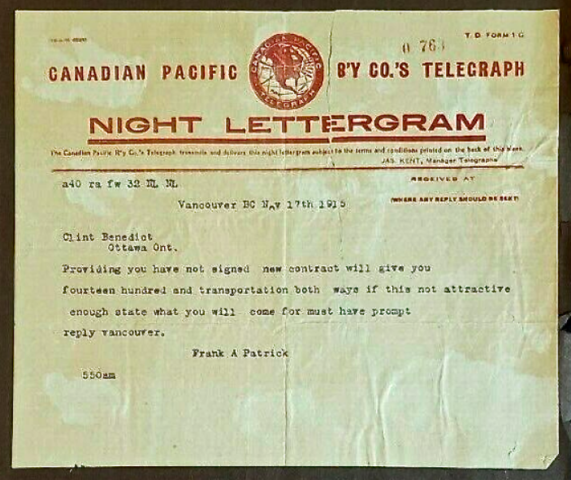 Vancouver Millionaires 1915 Frank Patrick Telegram to Clint Benedict