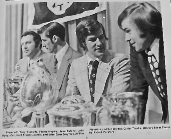 Tony Esposito, Jean Ratelle, Bobby Orr, Ken Dryden 1972 with their Trophies