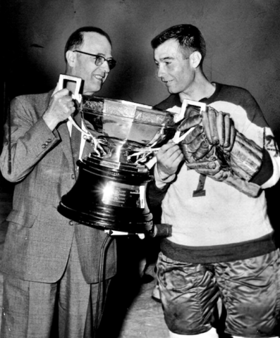 Al Leader presents Guyle Fielder with the Lester Patrick Cup 1959