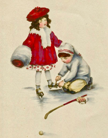 Hockey Hero - Antique Hockey - Young Hockey Player Ties a Girl's Ice Skates 1909
