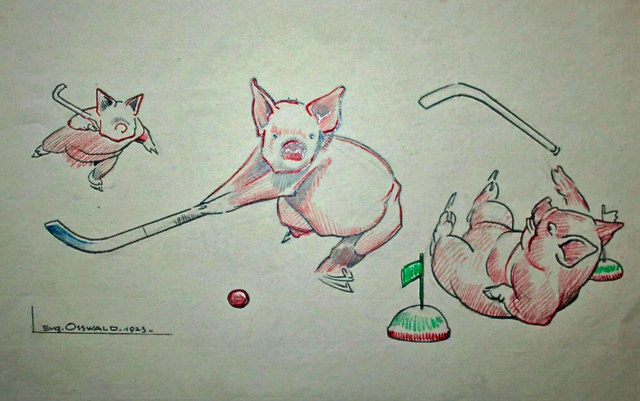 Eugen Osswald Pigs Playing Hockey Drawing 1923