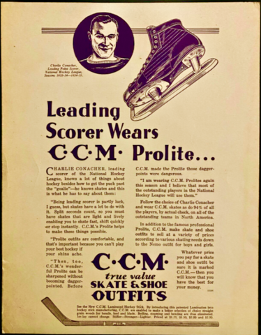 CCM Skates Ad 1935 featuring Charlie Conacher and CCM Laminated Hockey Stick