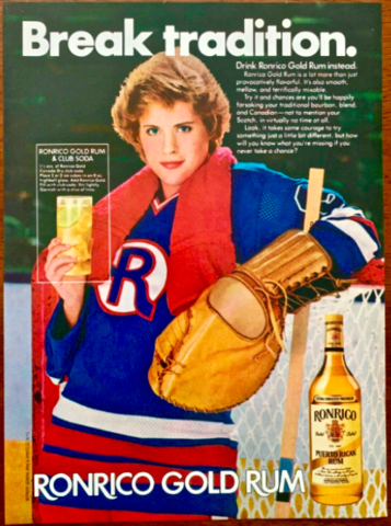 Ronrico Gold Rum ad 1981 Vintage Women Hockey Goaltender