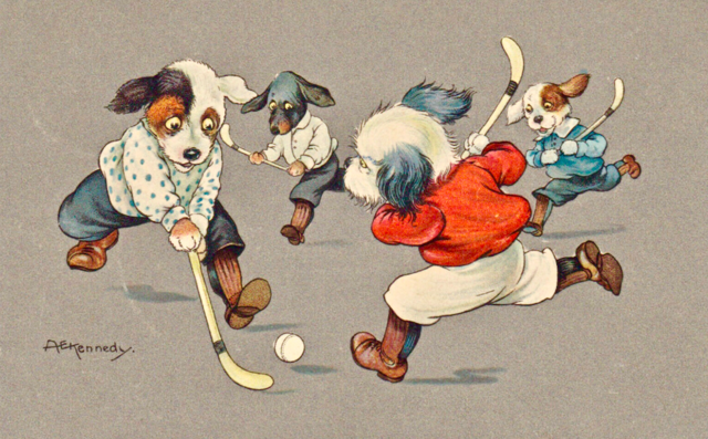 Dogs Playing Hockey Postcard - circa 1918