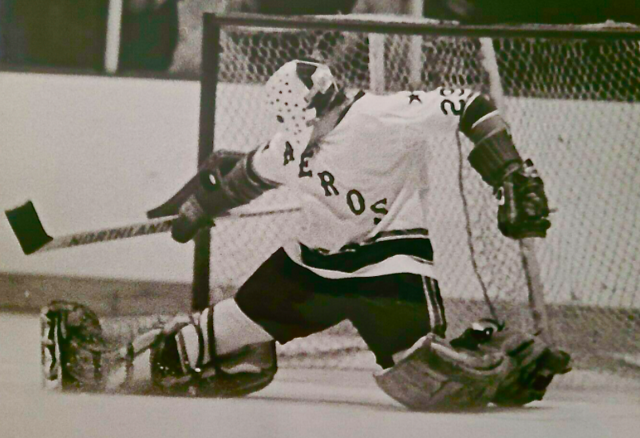 Ron Grahame 1975 Houston Aeros Goaltender making a save