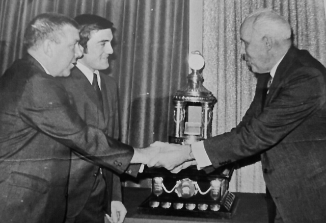 Gump Worsley & Rogie Vachon accept 1968 Vezina Trophy from Clarence Campbell