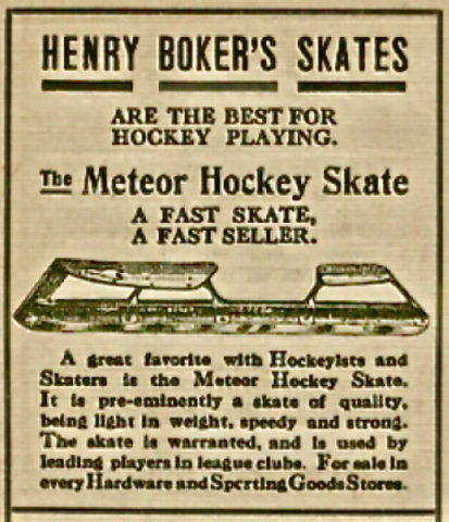 Henry Boker's Skates Ad 1913 Meteor Hockey Skates