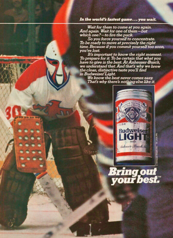 Hockey Beers - Budweiser Light Hockey Ad 1983 with Vintage Goalie Mask