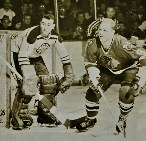 Boston Bruins Eddie Johnston and Bobby Hull of Chicago Black Hawks 1965