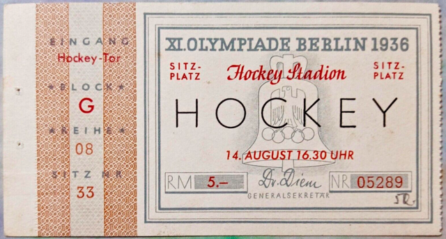 Antique Field Hockey Ticket 1936 Summer Olympics Gold Medal Field Hockey Ticket