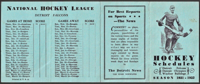 Detroit Falcons 1932-33 NHL Hockey Schedule