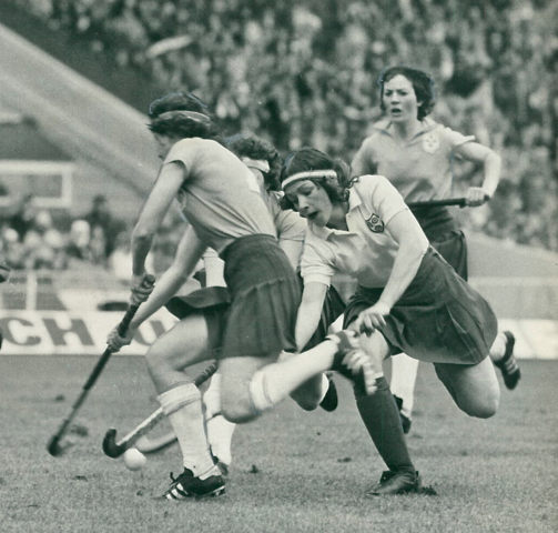 Jane Swinnerton stick handles through the Irish Team at Wembley Stadium 1979