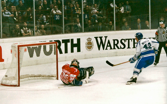 Mikko Mäkelä of Finland scores on Canada Goalie Bill Ranford 1994 Shootout Goal