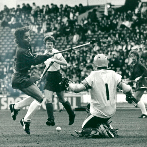 England Goalkeeper Val Hallam makes save vs Yolanda Hightower at Wembley 1987