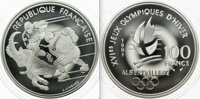 Silver Hockey Coin 1991 Republique Française 100 Francs for Albertville Olympics